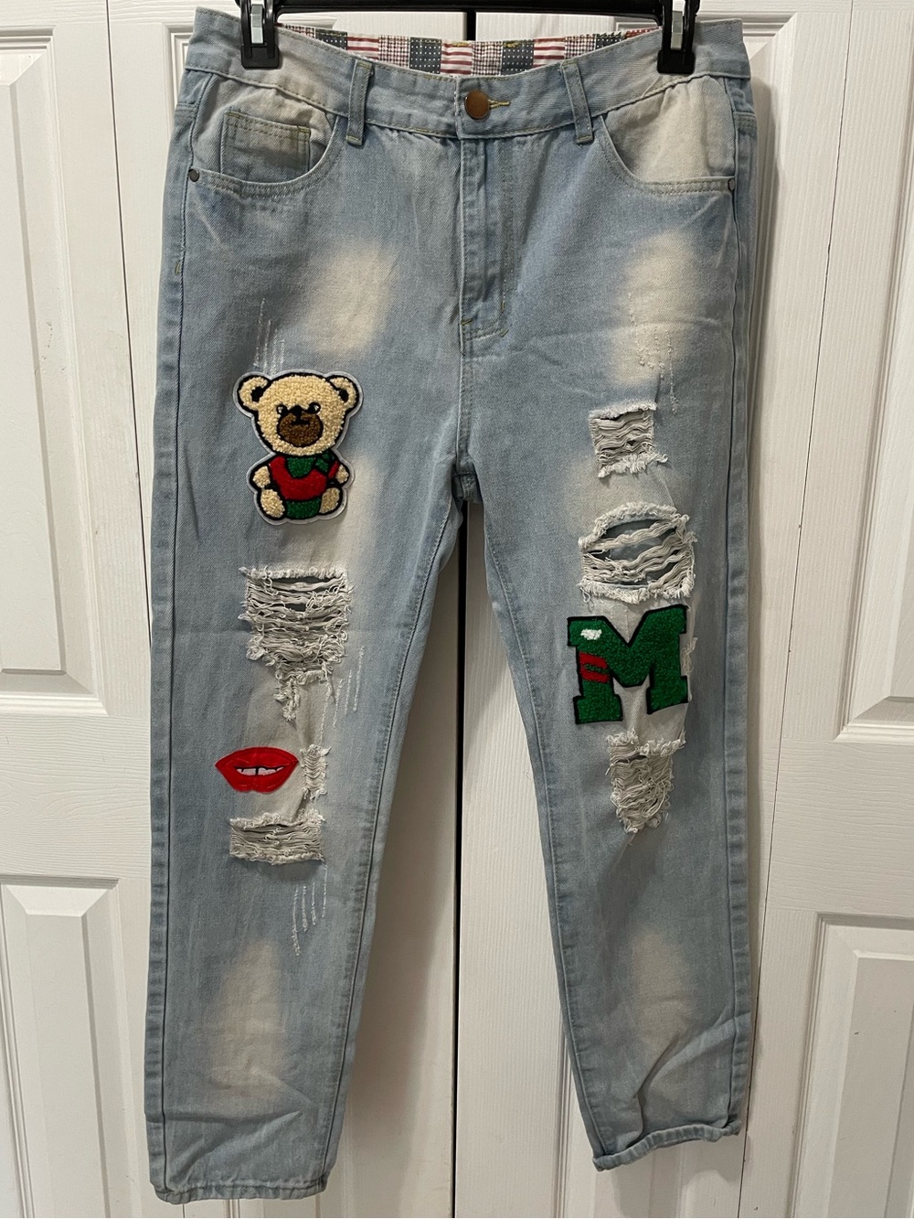 Light Blue Teddybear Distressed Jeans with Patch Details
